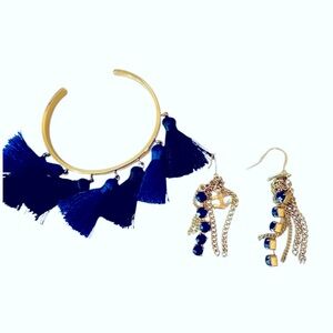 Mud Pie Tassel Bracelet Bangle Nautical Dangle Earrings Gold Blue Anchor Coastal